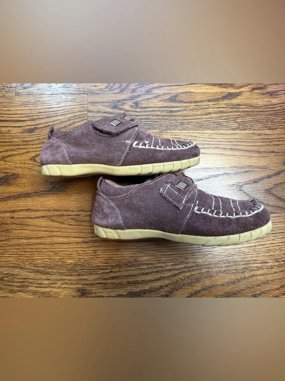 Kids Brown Suede Leather Moccasin Shoes Hook & Loop Closure Size 10